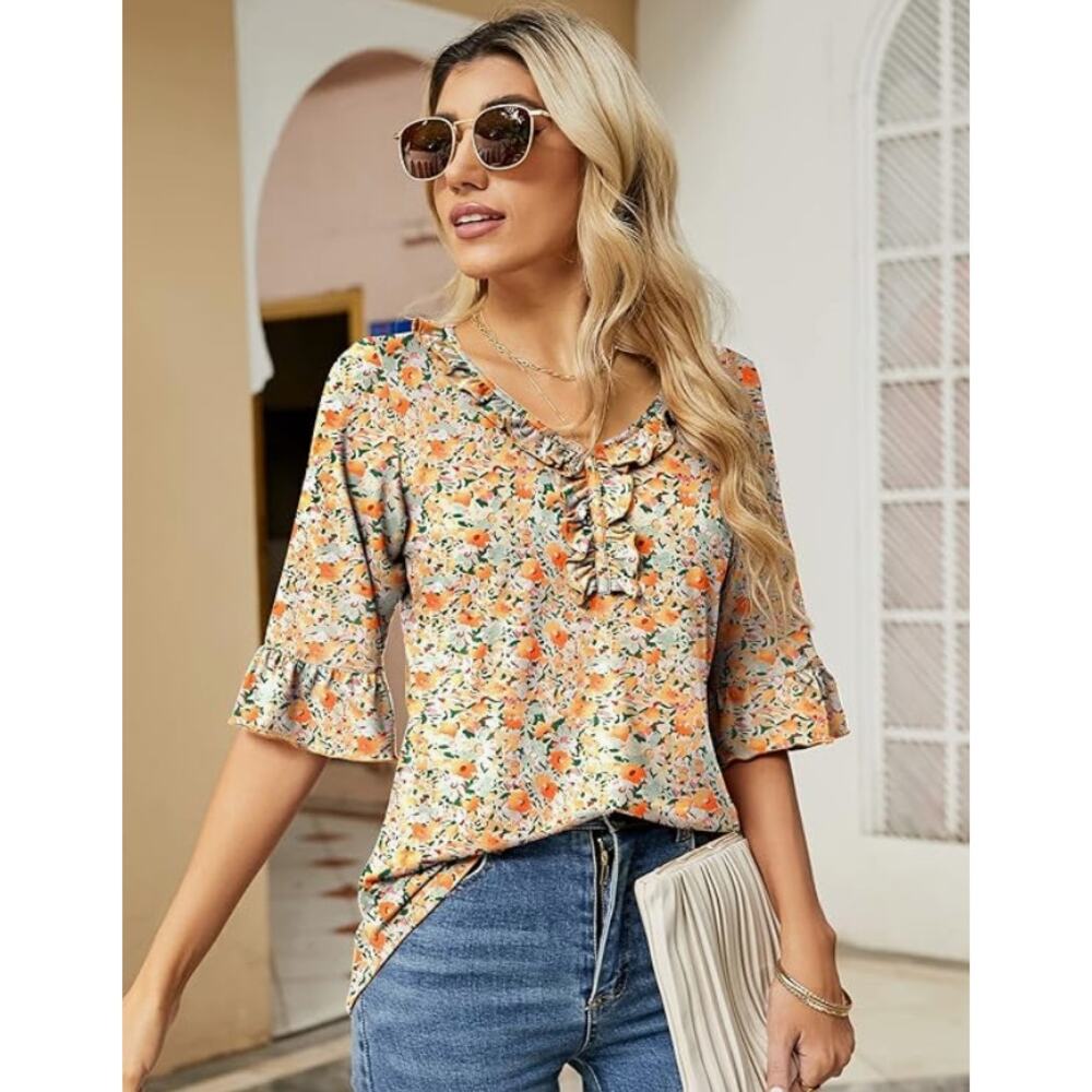 Ivicoer Boho Floral Elbow Sleeve Ruffle V-Neck Top Women's Size 2XL